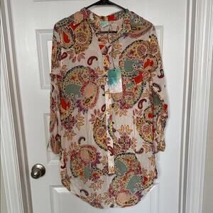 NWT True Destinations Paisley Button-Up Shirt/Coverup Sz XS oversized